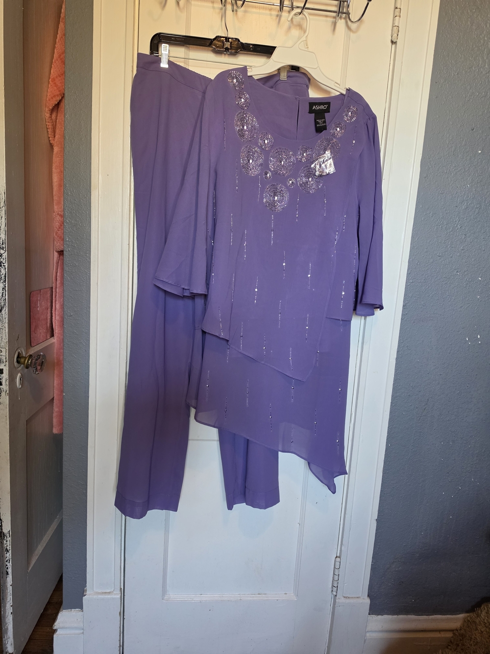 Ashro Lavender Sequin-Embellished Chiffon Tunic 3 Piece Set